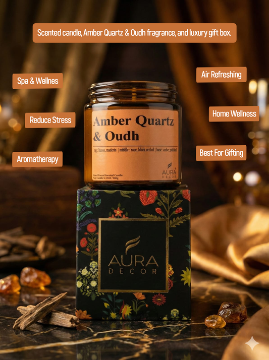 Amber Quartz & Oudh Scented Soy Candle | Luxury Aromatherapy Collection. Hand-Poured Soy Candle (100g)