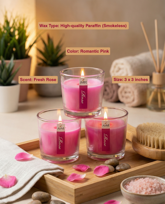 Aura Decor Luxury Rose Scented Candles - Set of 3 Crystal Jars