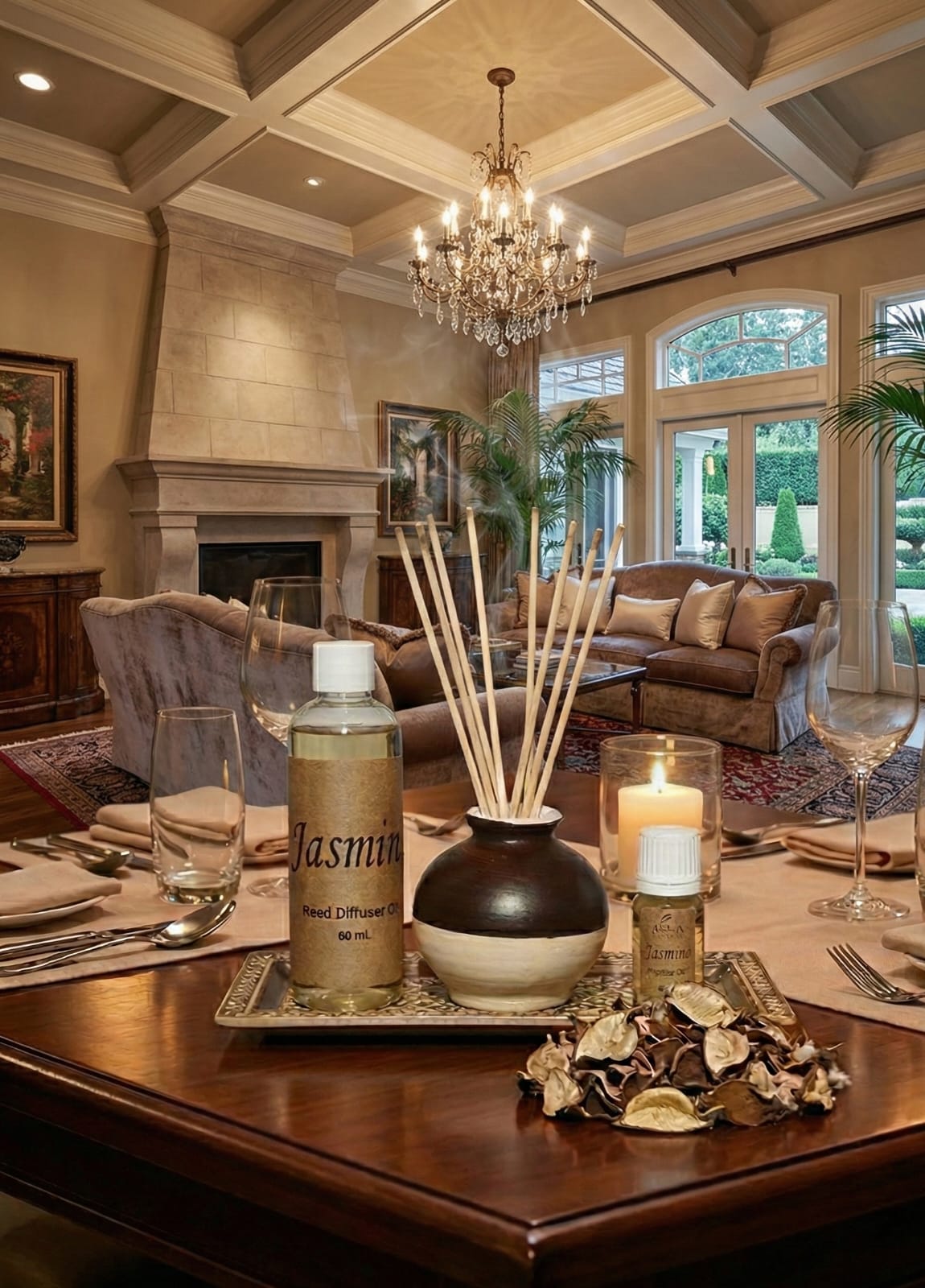 Dining room with a chandelier, table setting, and decorative items.