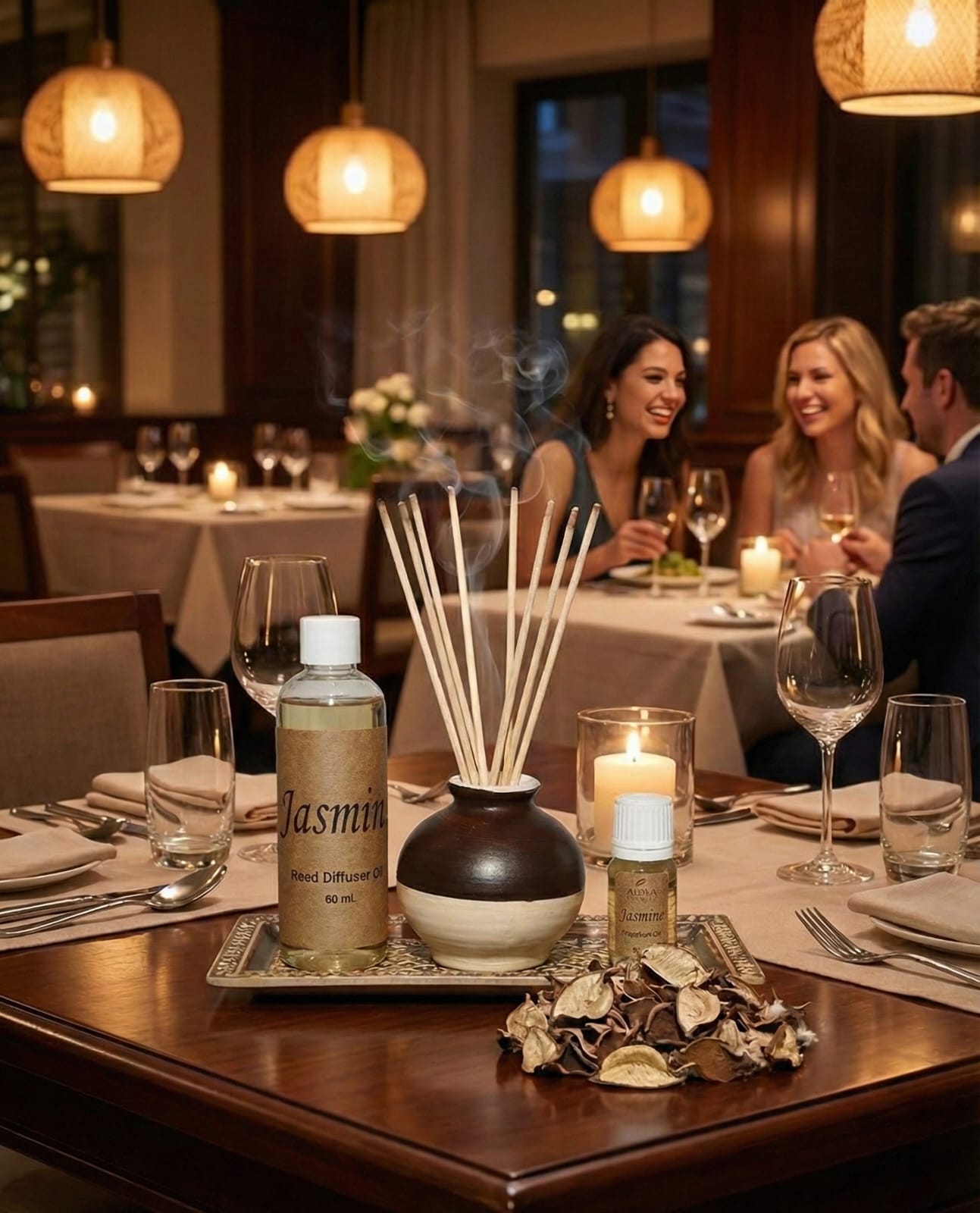 Dining table setting with Jasmine diffuser, candles, and decorative elements in a restaurant.