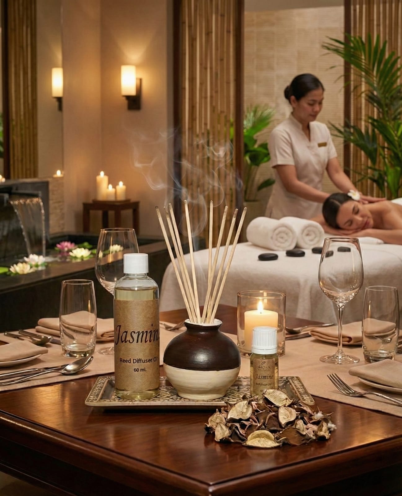 Spa setting with a massage table, candles, and a bottle of Jasmine oil.