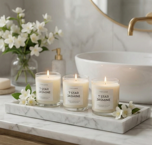 Three '7 Star Jasmine' candles on a marble tray with flowers and a sink in the background.